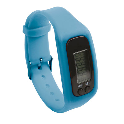 Activity tracker : contapassi, calorie bruciate, distanza percorsa, orologio. Variante in azzurro disponibile in 5 colori