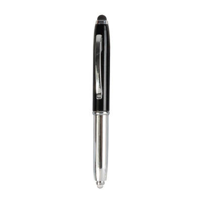Mini penna in plastica color argento, con cappuccio e clip in metallo, con luce. Modello in nero disponibile in 4 colori