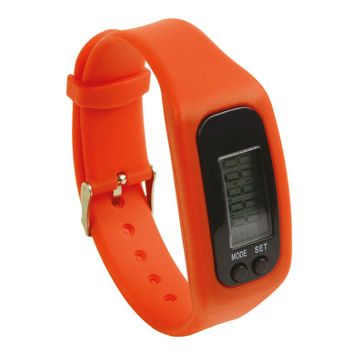 Activity tracker : contapassi, calorie bruciate, distanza percorsa, orologio. Articolo in arancione disponibile in 5 colori