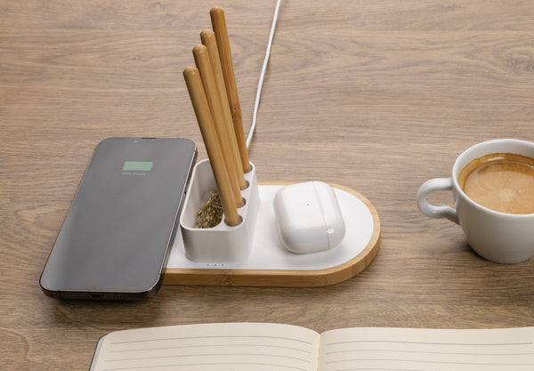 Carica l&#39;immagine nel visualizzatore di Gallery, caricabatteria wireless da personalizzare in fsc® bambù, abs riciclato colore bianco_bianco 121702559 DET09
